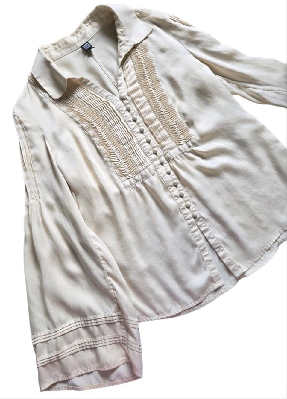 Saks Fifth Avenue 100% Silk Champagne Pintuck Tuxedo Blouse Flare Sleeve Sz 8